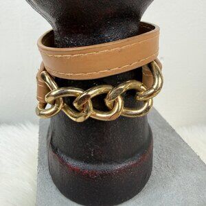 Tan Leather w/ Gold Tone Chain Cuff Bracelet w/ Magnetic Clasp